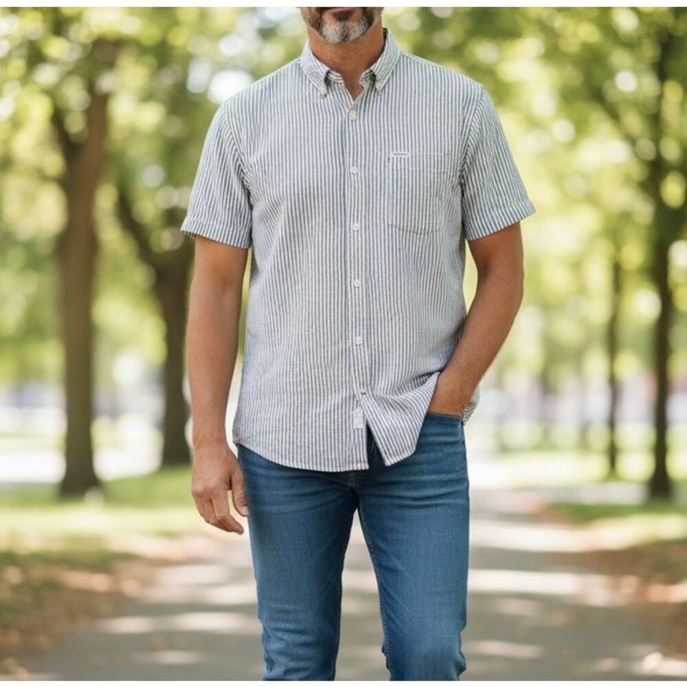 Barbour Mens XXL Deerpark Regular Short Sleeved Shirt Striped Linen Blend Summer